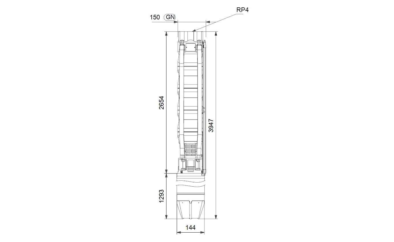 Technische Zeichnung einer Brunnenpumpe mit vertikalem Aufbau. Komponenten und Maße sind dargestellt. Produkt von Grundfos, Modell SP 60-21, RP4.